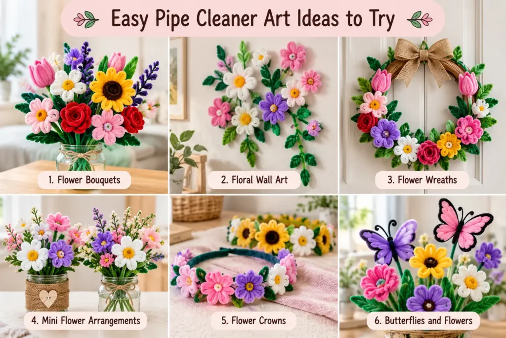 Easy pipe cleaner art ideas with flowers, wreaths, wall art and butterflies