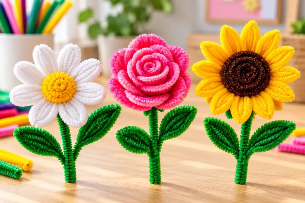 Easy pipe cleaner flowers for kids including a daisy, rose and sunflower