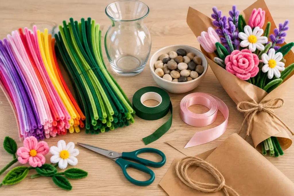 Pipe cleaner flower bouquet materials including pipe cleaners, scissors, floral tape and vase