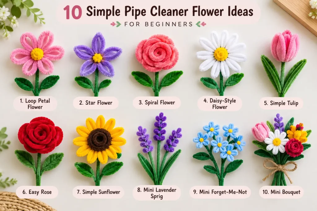 Simple pipe cleaner flowers for beginners with 10 easy designs
