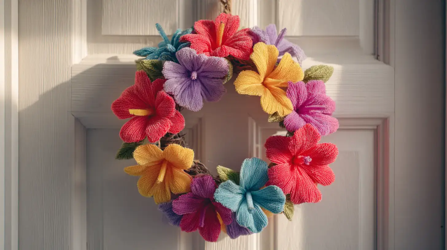 Chenille stem flower wreath decoration Wreath made with chenille stem flowers and pipe cleaners
