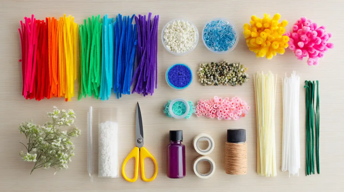 Materials for DIY pipe cleaner flowers Materials needed to make DIY pipe cleaner flowers with chenille stems