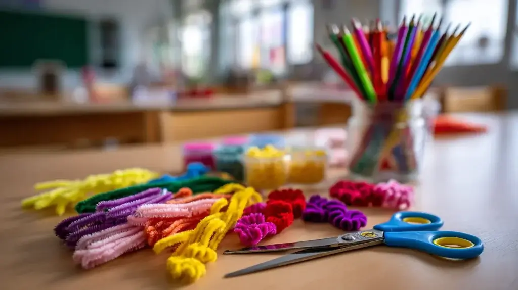 Materials for pipe cleaner flowers for classroom decoration