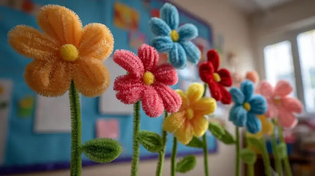 Pipe cleaner flowers for classroom decoration displayed on a colorful bulletin board
