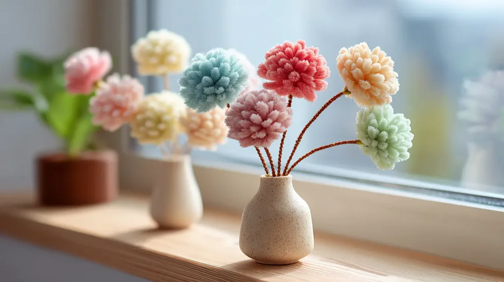 Small pipe cleaner flower arrangements for home decor on a shelf