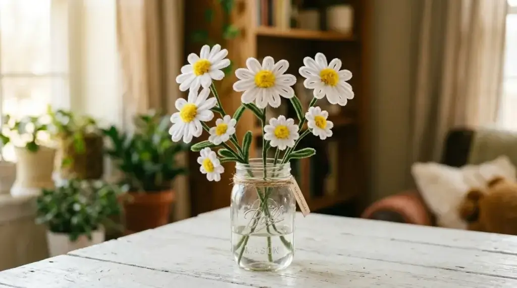 Bouquet of pipe cleaner daisy flowers arranged in a mason jar