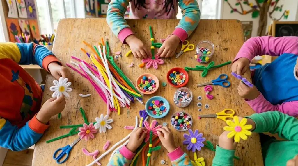 Kids making pipe cleaner daisy flowers in a classroom craft activity
