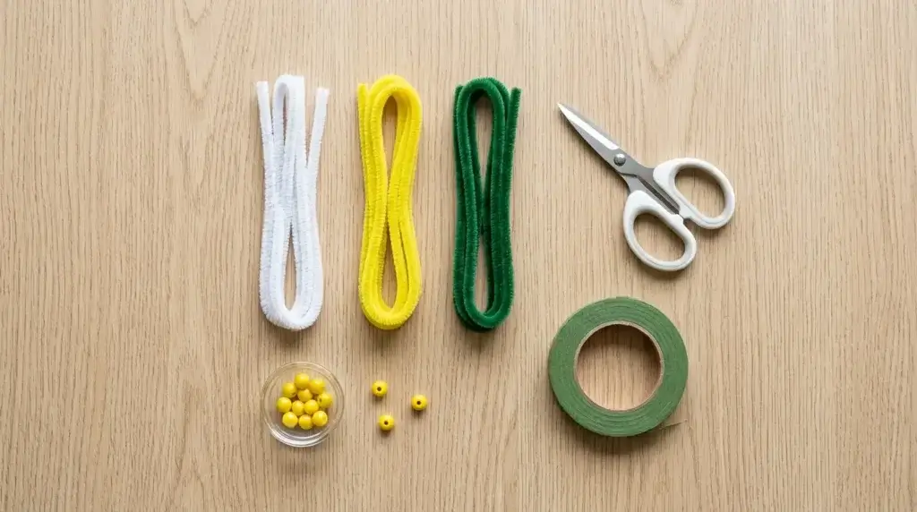 Materials needed to make a pipe cleaner daisy flower laid out on a table