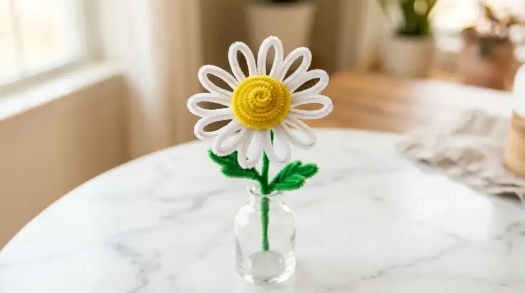 Pipe cleaner daisy flower with white petals and yellow center in a glass vase