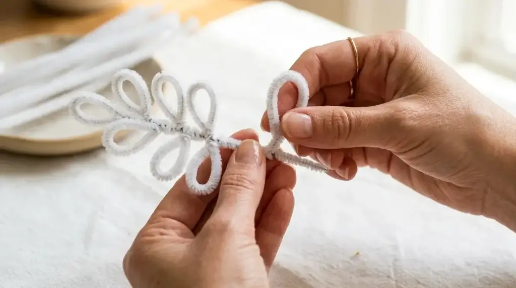 Hands twisting white pipe cleaner into petal loops for a daisy flower
