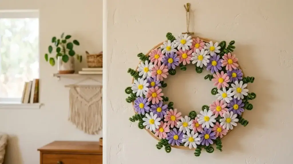 Pipe cleaner daisy flower wreath wall decoration on embroidery hoop