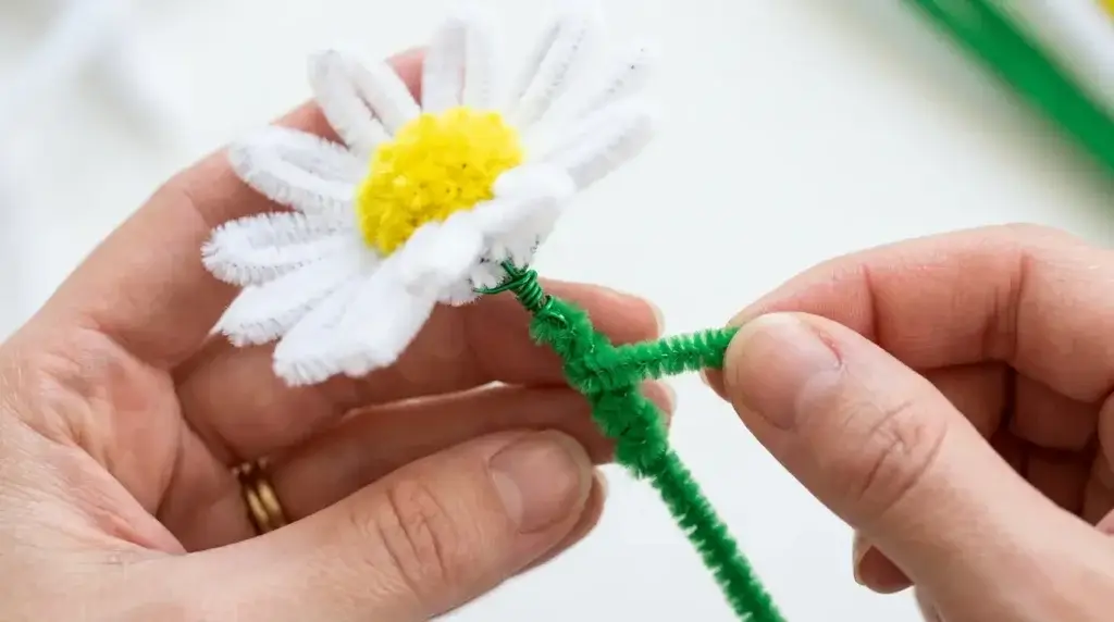 Green pipe cleaner stem being attached to pipe cleaner daisy flower
