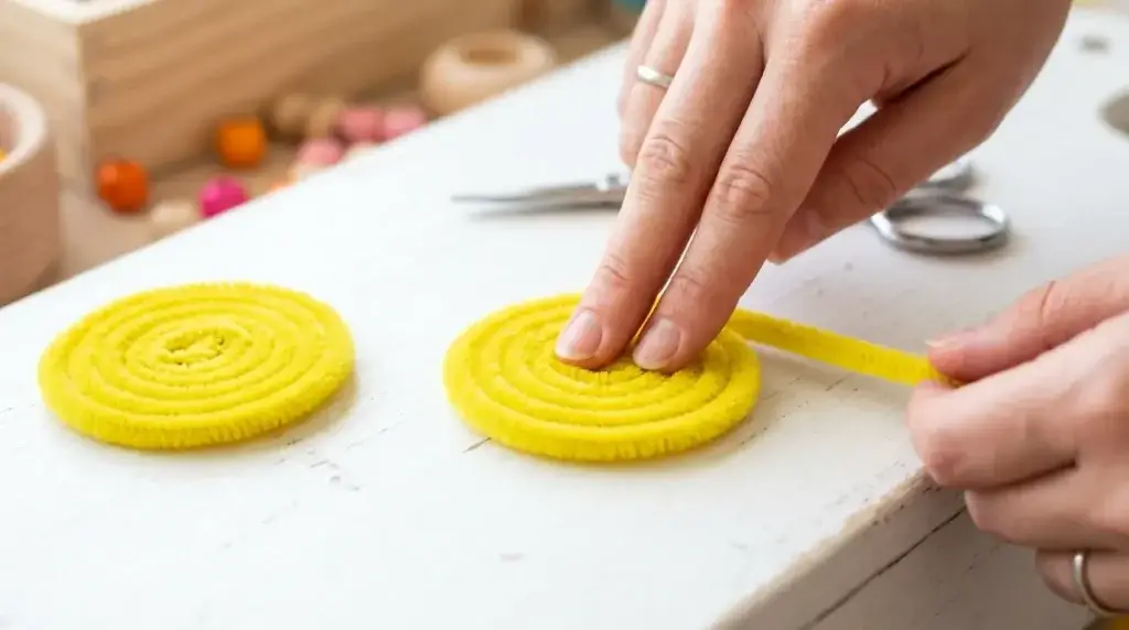 Yellow pipe cleaner coiled into a flat spiral for the daisy flower center