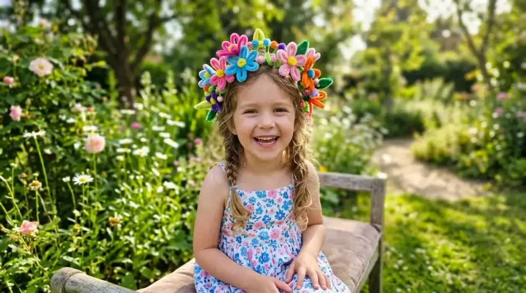 child wearing pipe cleaner flower crown