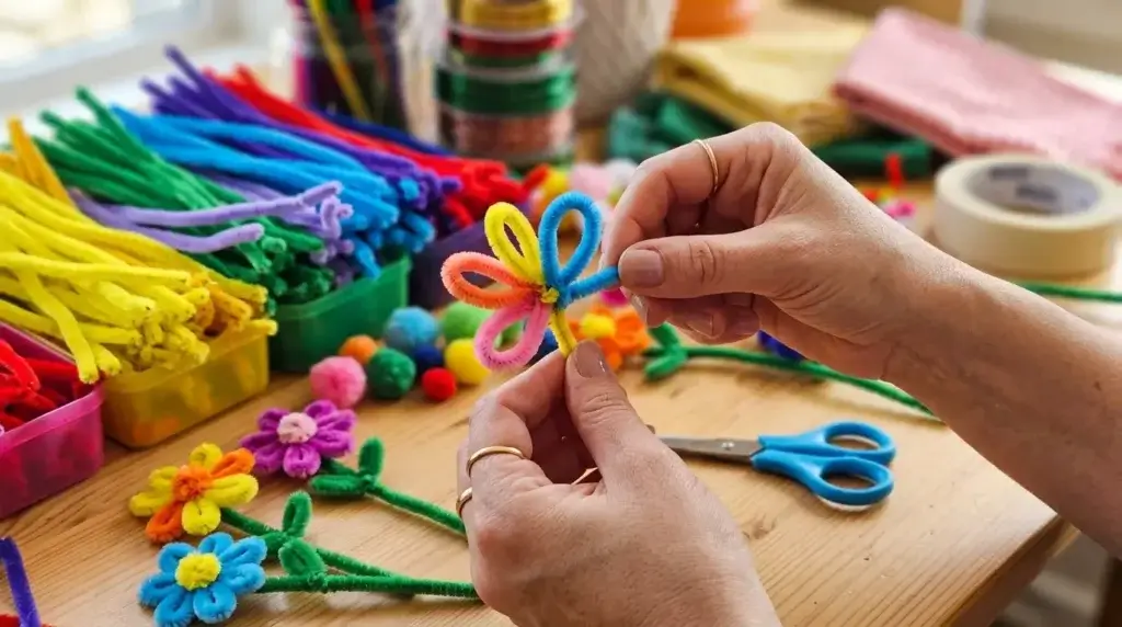 making pipe cleaner flowers for flower crown