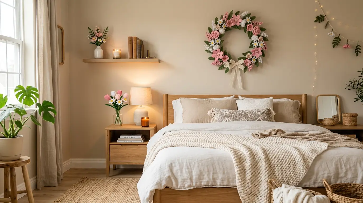 Cozy bedroom decorated with handmade pipe cleaner flowers on the wall, shelf and nightstand in pink and white tones