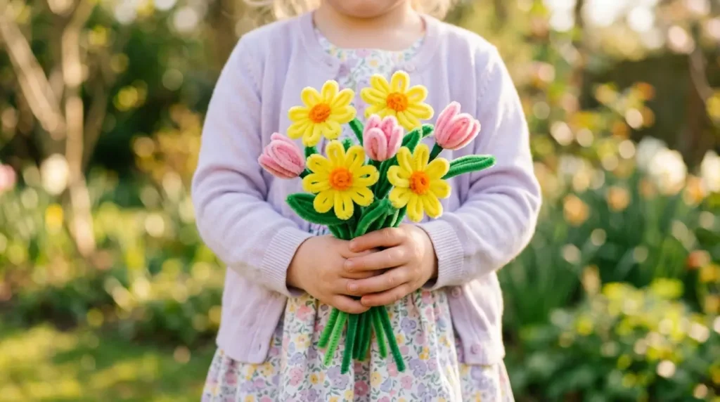 Young child proudly holding a finished colorful spring pipe cleaner flower bouquet with daisies and tulips
