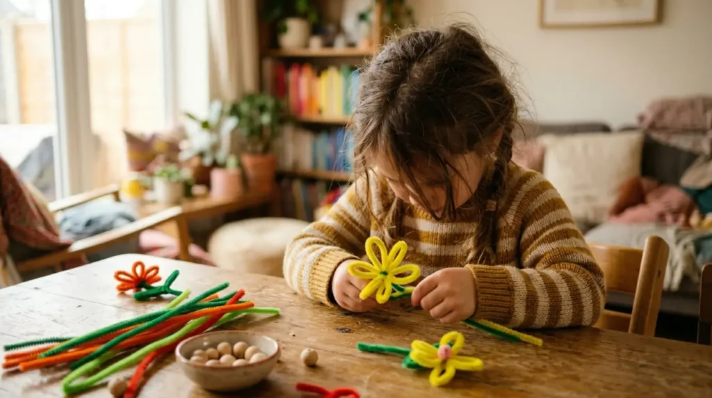 Young child independently making a pipe cleaner flower with no glue or scissors on a craft table