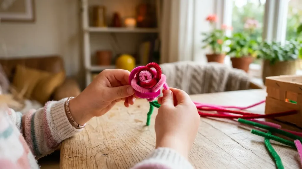 Child's hands twisting pink pipe cleaners into a flower shape for a Mother's Day craft activity