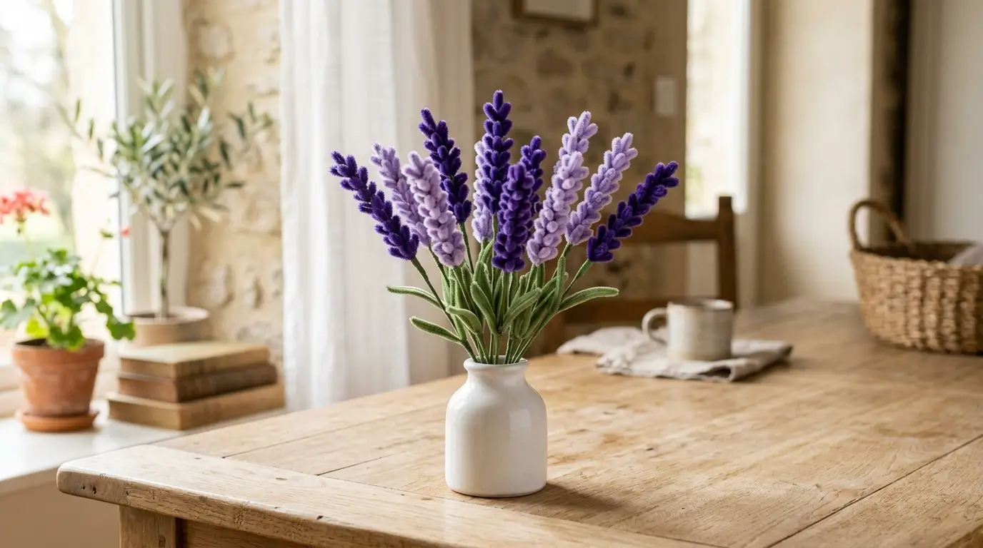 Beautiful handmade lavender pipe cleaner flowers in purple arranged in a small white ceramic vase on a wooden table