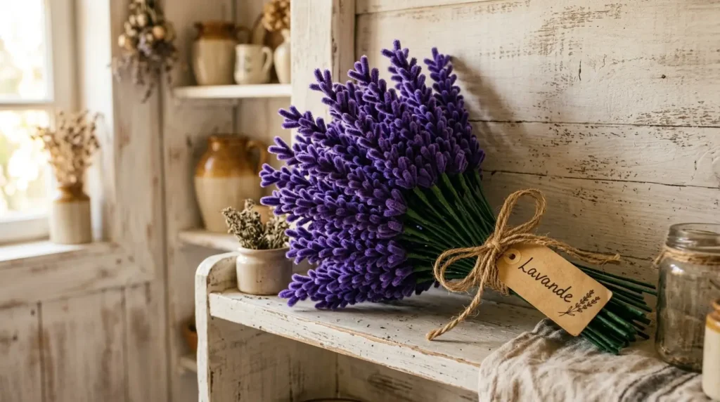 Pipe cleaner lavender bunch tied with a rustic twine ribbon displayed as Provençal home decoration on a white shelf
