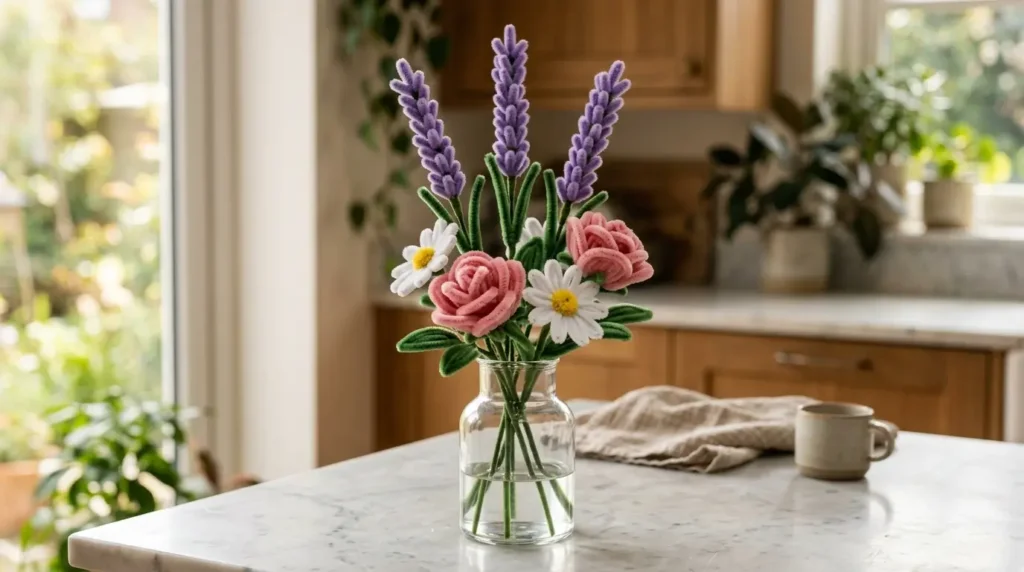 Mixed pipe cleaner flower bouquet with lavender sprigs, pink roses and white daisies in a glass vase on a marble surface