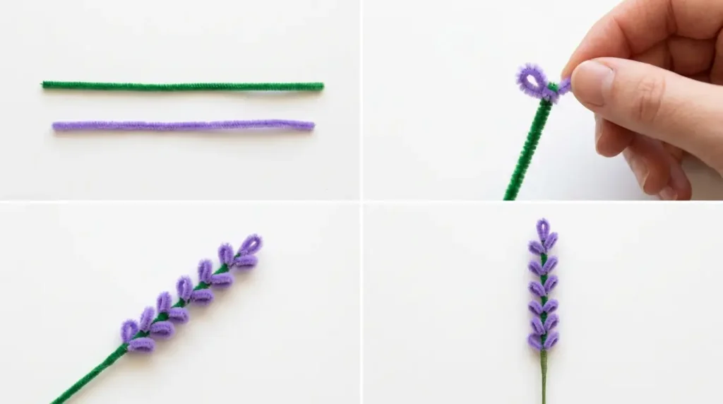 Step-by-step tutorial showing how to make lavender pipe cleaner flowers by twisting purple loops along a green stem