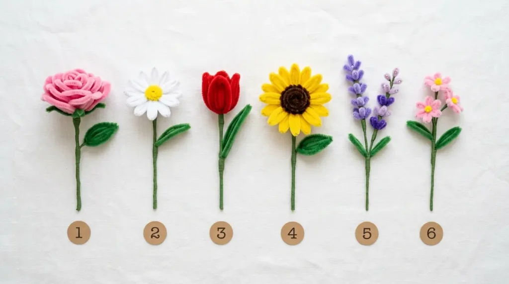 The 6 most popular types of pipe cleaner flowers: rose, daisy, tulip, sunflower, lavender and wildflower displayed in a row