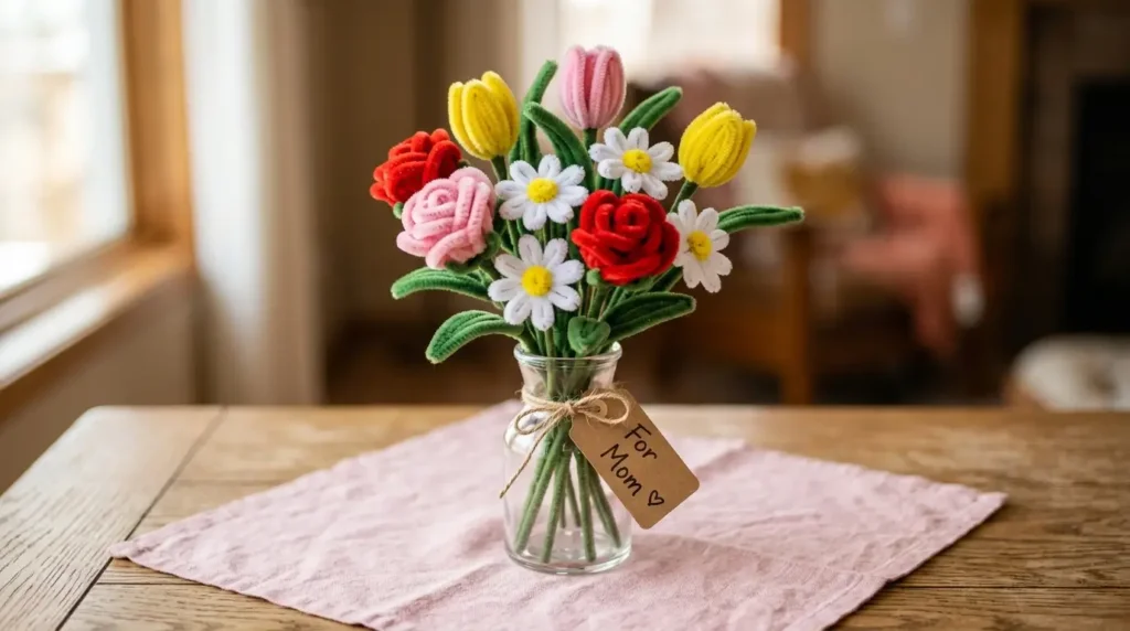 Finished pipe cleaner flower bouquet in a glass vase with roses, daisies and tulips – Mother's Day DIY gift display