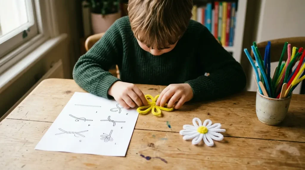 Child following printed pipe cleaner flower instructions on a craft table with pipe cleaners and a finished daisy flower