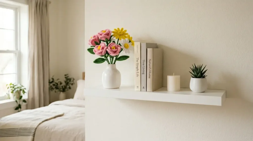 Bedroom floating shelf styled with pipe cleaner flower bouquet in a white vase, books and a candle for cozy home decor