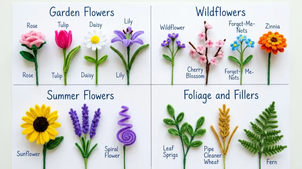 Visual category guide showing all types of pipe cleaner flowers organized into groups: garden flowers, wildflowers, seasonal flowers and foliage