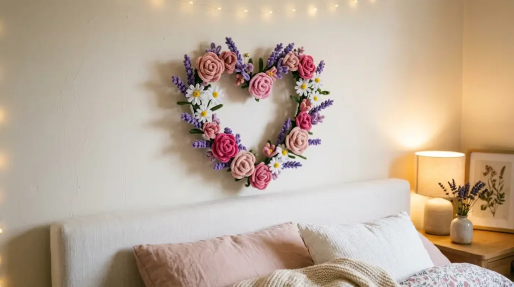 DIY pipe cleaner flower wall decoration above a bed headboard with pink roses and white daisies arranged in a heart shape