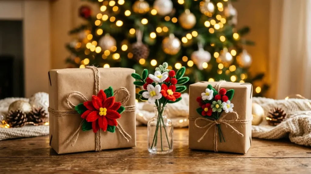 Christmas gifts wrapped with pipe cleaner flower decorations and bouquet in red and white as a handmade holiday gift