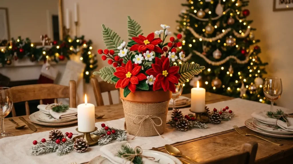 Christmas dining table centerpiece made with pipe cleaner flowers in red, white and green with candles and pine cones