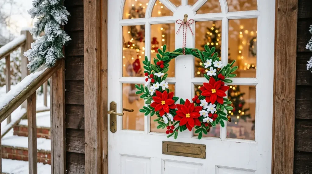 Beautiful handmade pipe cleaner flowers Christmas wreath in red, white and green displayed on a front door