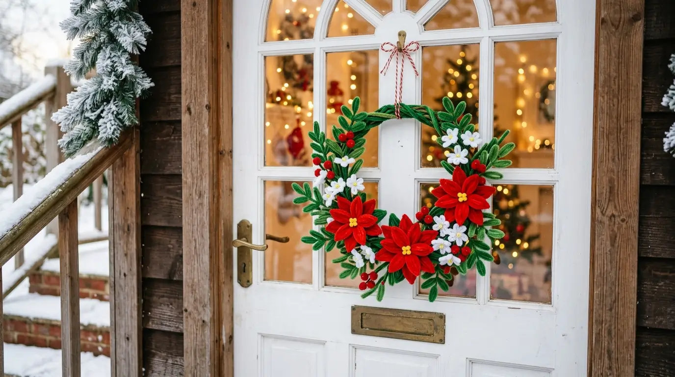 Beautiful handmade pipe cleaner flowers Christmas wreath in red, white and green displayed on a front door