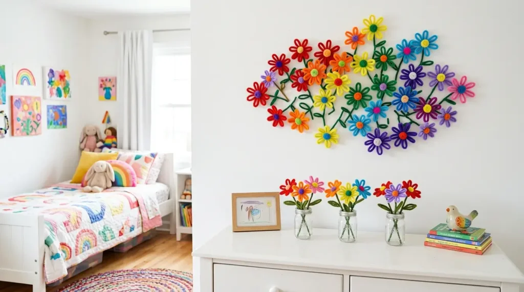 Colorful kids bedroom decorated with rainbow pipe cleaner flowers on the wall and in jars on the dresser