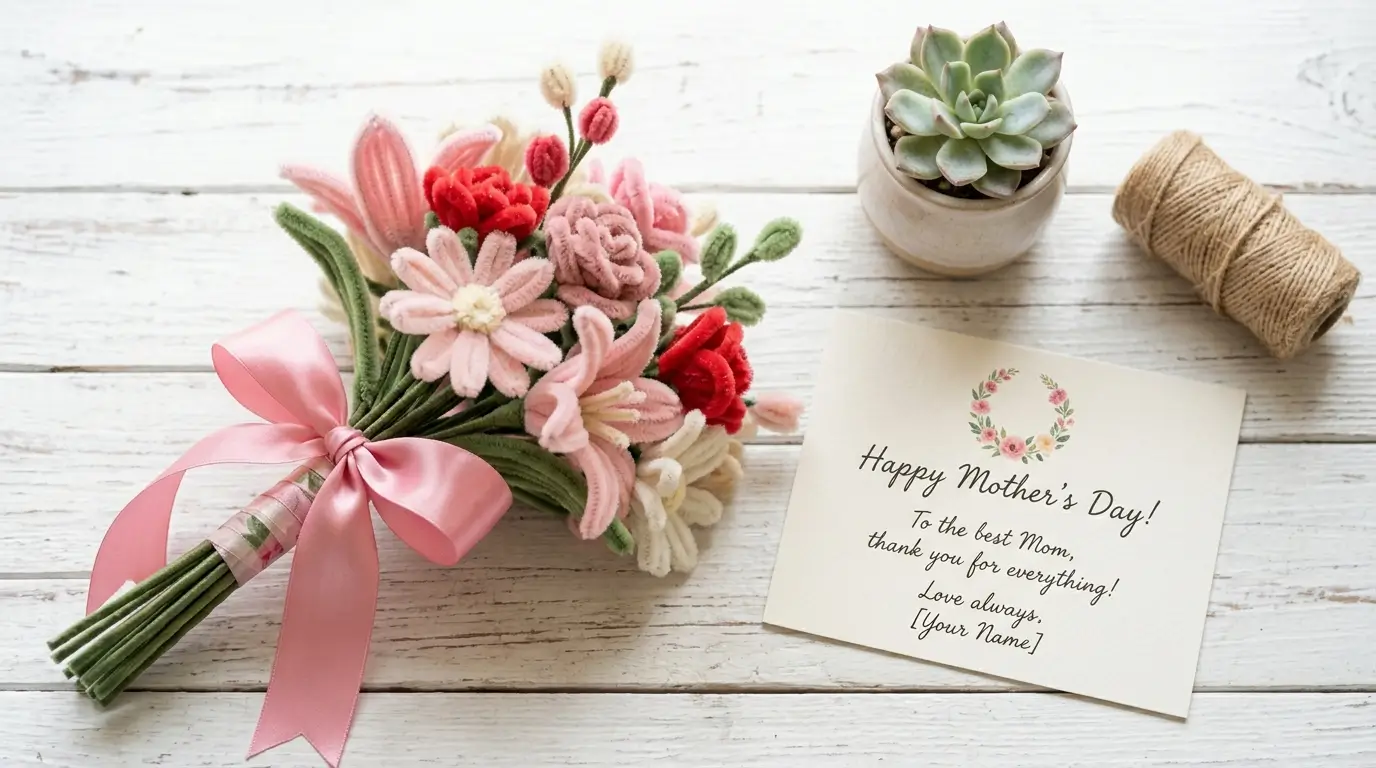 Handmade pipe cleaner flower bouquet for Mother's Day in pink, red and white colors with a ribbon bow