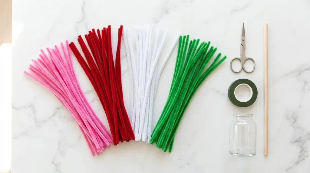 ipe cleaner craft supplies for Mother's Day flower bouquet – pink, red, white and green chenille stems with scissors and floral tape