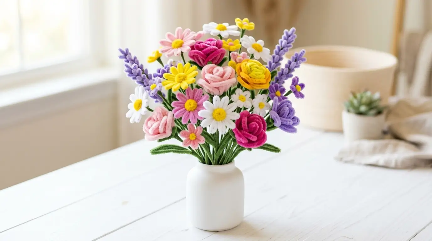 Colorful pipe cleaner flowers made without glue arranged in a small vase – easy no-glue craft for kids and beginners