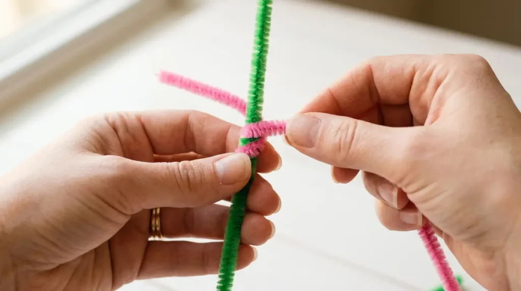 lose-up of hands twisting pipe cleaners together to make a flower without any glue or tools