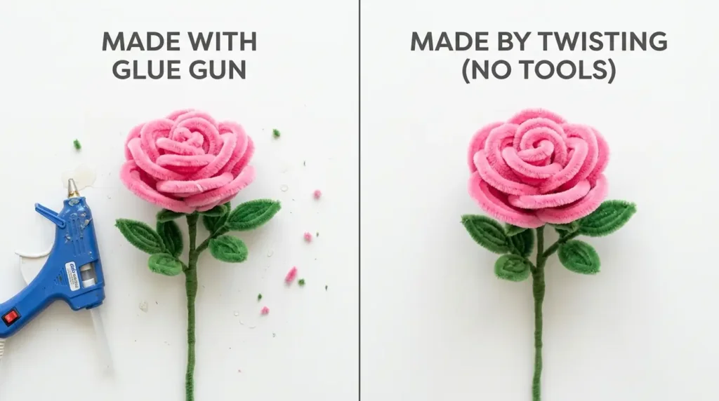 Side-by-side comparison of pipe cleaner flower made with glue vs without glue – both look equally beautiful