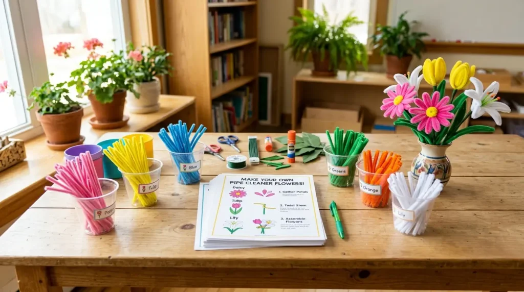 Classroom craft station with printed pipe cleaner flower instruction sheets, pipe cleaners sorted by color and finished flowers