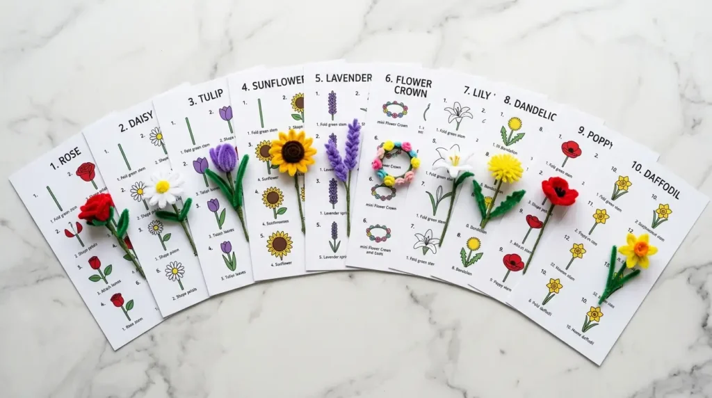 Preview of 10 pipe cleaner flower printable instruction sheets spread out on a white surface showing rose, daisy, tulip and sunflower guides