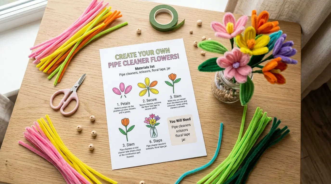 Free printable pipe cleaner flower instructions PDF guide printed on white paper next to colorful pipe cleaner flowers