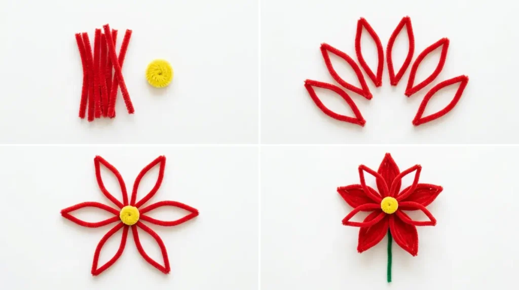 Step-by-step tutorial showing how to make a pipe cleaner poinsettia Christmas flower with red petals and yellow center
