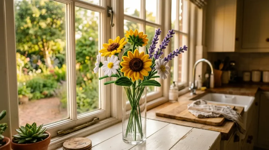 Pipe cleaner sunflower bouquet mixed with daisies and lavender in a glass vase as summer home decoration on a kitchen windowsill
