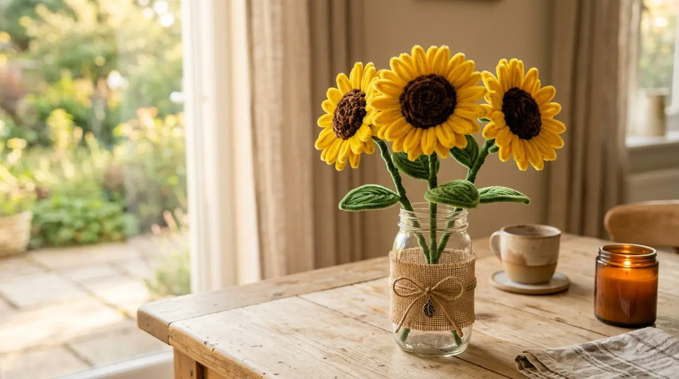 Beautiful handmade pipe cleaner sunflowers in yellow and brown displayed in a rustic mason jar bouquet on a wooden table