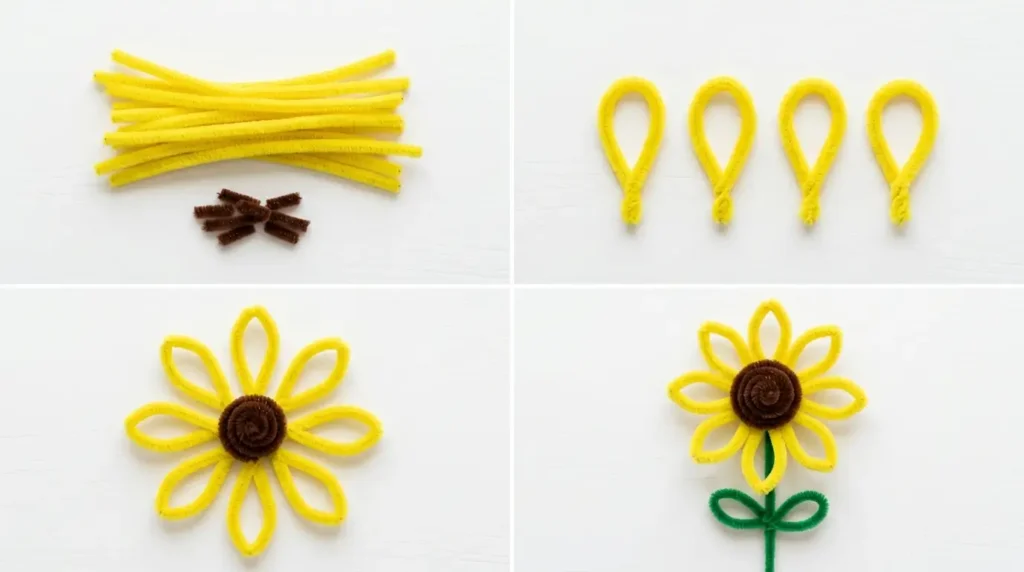 Step-by-step photo showing yellow pipe cleaner petals being arranged around a brown center coil to make a sunflower
